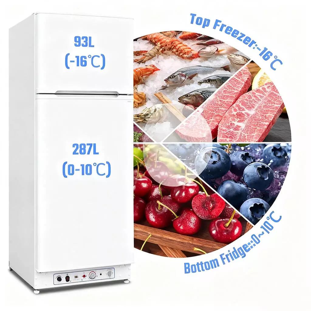 SMAD 390L Dual-Fuel Absorption Fridge – LPG & 220V Quiet Off-Grid Refrigerator with Freezer for Camper, Cabin, or Holiday Home